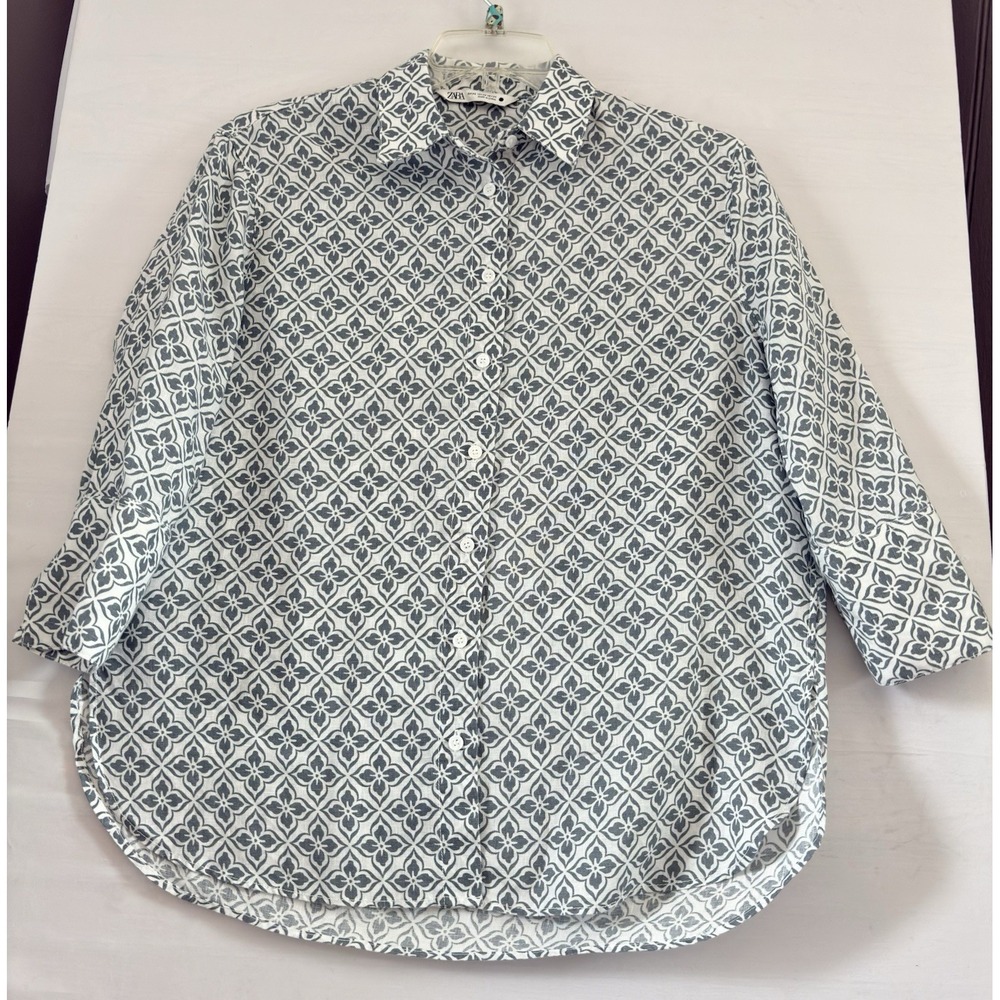 Zara Linen Floral‎ Print Button-up Shirt Tunic, 3/4 Sleeve, White/Blue XSmall